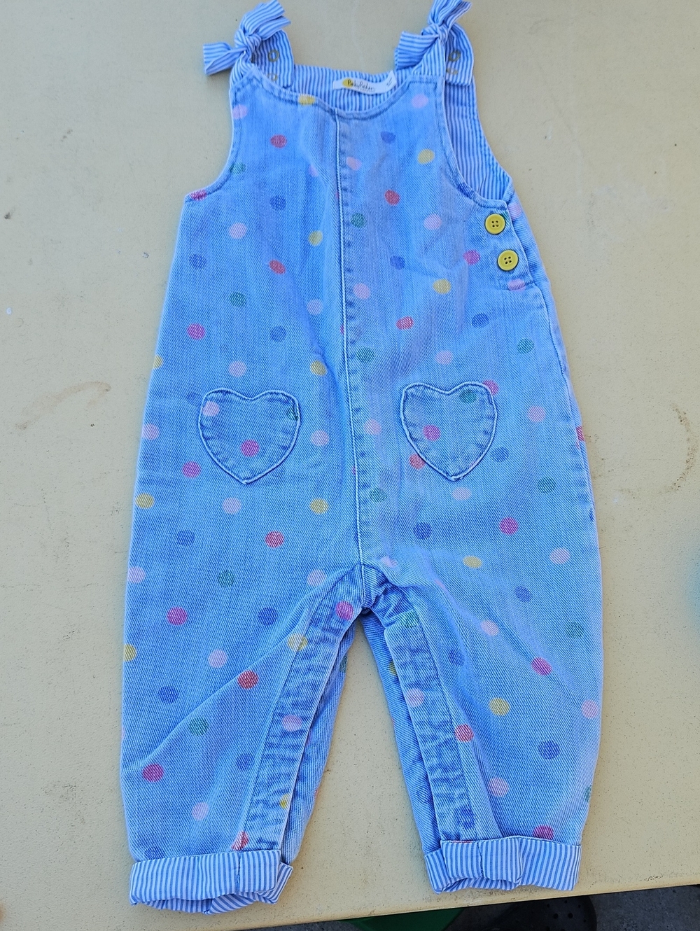 Baby Boden Light Blue Polka Dot Heart-Pocket Overalls